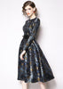 Vestido Jacquard Rodado Midi com Manga e Cinto