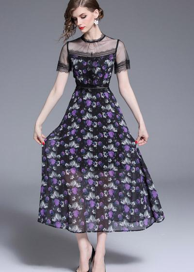 Vestido Midi Estampado com Renda