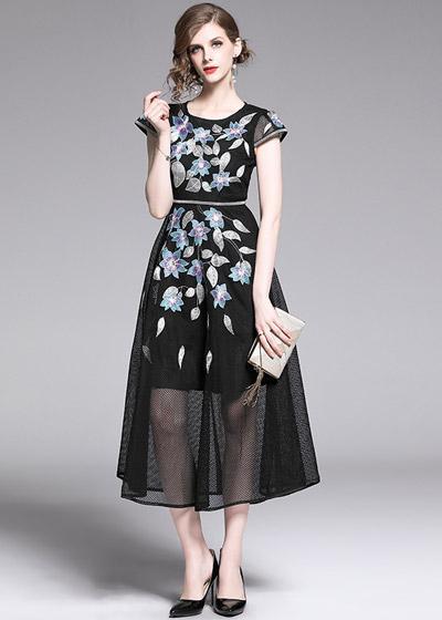 Vestido Midi Bordado Tule Preto