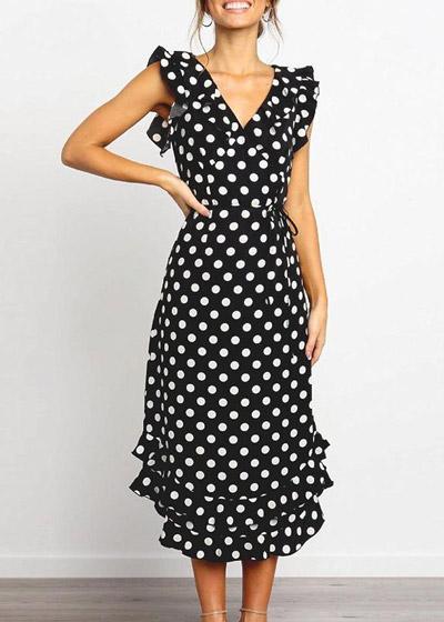 Vestido Poá Preto e Branco Midi com Babado
