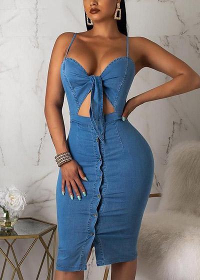 Vestido Jeans Midi Justo com Amarração no Decote