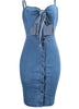 Vestido Jeans Midi Justo com Amarração no Decote