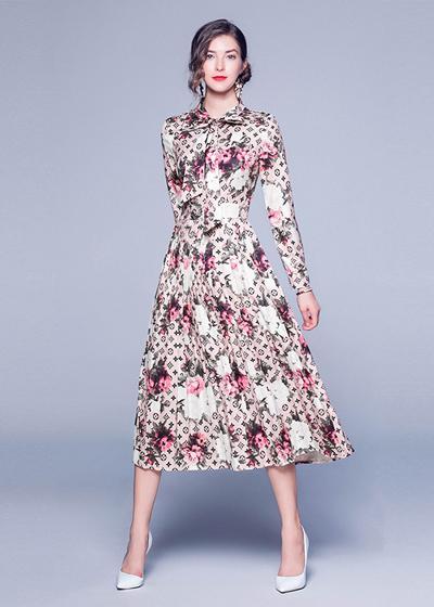 Vestido Midi Evasê Estampado Manga Longa