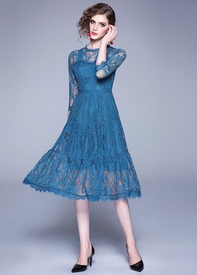 Vestido Midi Renda Azul Manga Longa para Casamento