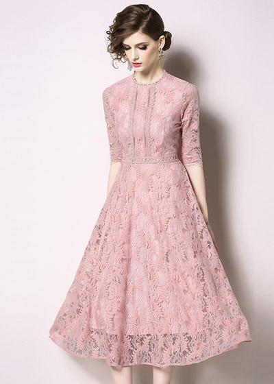 Vestido Midi Renda Rose Evase Festa