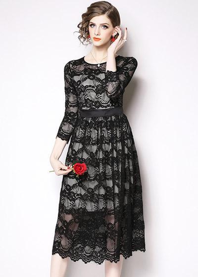 Vestido Midi Renda Preto Manga Longa Festa