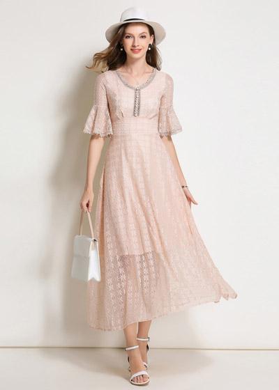 Vestido Midi Renda Rose Manga Flare