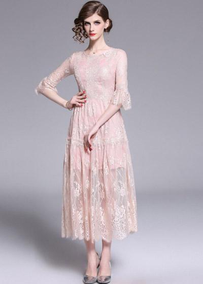 Vestido de Renda Rose Midi Manga Sino para Festa