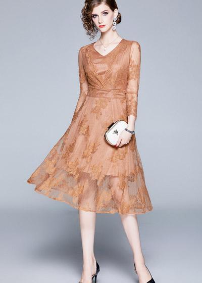 Vestido Midi de Renda Manga Longa Decote V