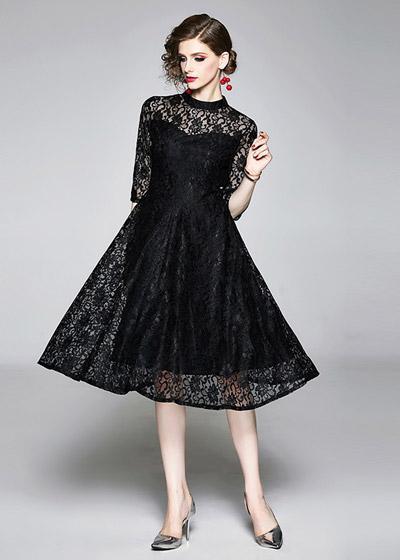 Vestido Midi Renda Manga 3/4