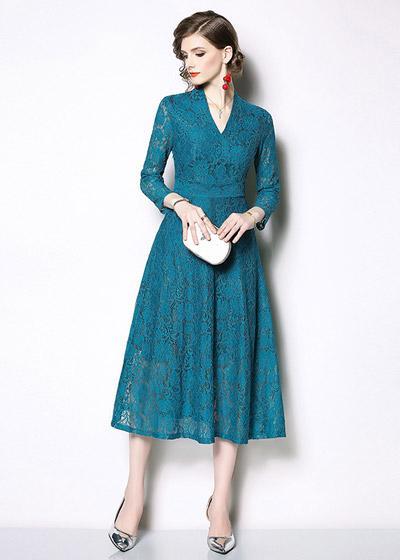 Vestido Renda Manga Longa Azul Preto