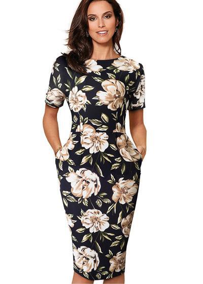 Vestido Midi Tubinho Manga Curta Estampado Com Bolsos