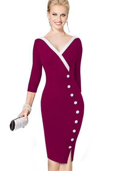 Vestido Midi Tubinho Social Manga Longa com Fenda