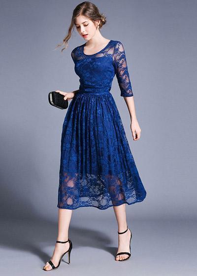 Vestido Midi Renda Evase Meia Manga