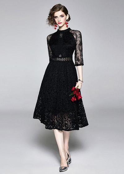 Vestido Midi Renda Guipir Preto Vermelho