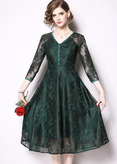 Vestido Evase Midi Festa de Renda Decote V