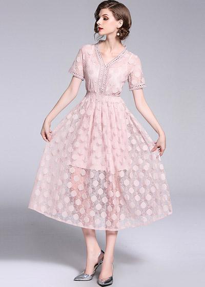 Vestido Midi Evasê Renda Rose Manga Curta