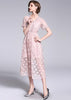 Vestido Midi Evasê Renda Rose Manga Curta