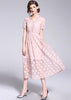 Vestido Midi Evasê Renda Rose Manga Curta