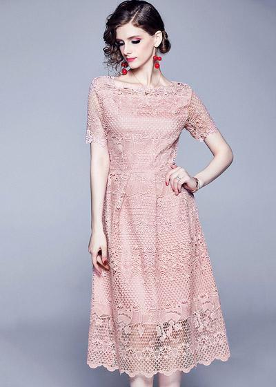 Vestido Midi Elegante Evasê Renda Guipir Rose Festa
