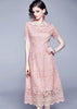 Vestido Midi Elegante Evasê Renda Guipir Rose Festa