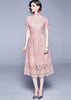 Vestido Midi Elegante Evasê Renda Guipir Rose Festa
