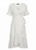 Vestido Midi Envelope Branco com Babado na Barra