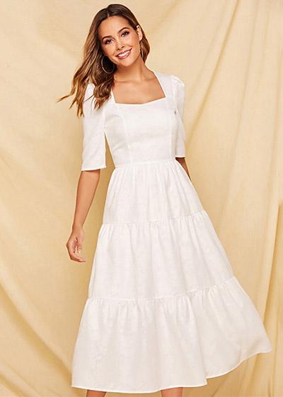 Vestido Midi Branco Decote Quadrado