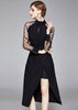 Vestido Preto Midi Gola Alta com Tule e Fenda