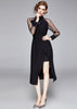 Vestido Preto Midi Gola Alta com Tule e Fenda