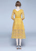 Vestido Evase Midi Renda Amarelo Decote V nas Costas