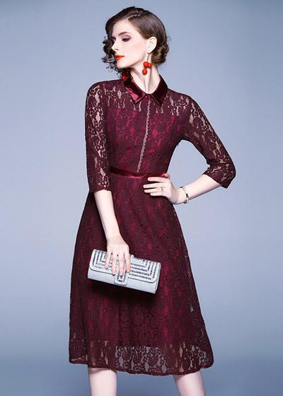 Vestido Midi Renda Marsala Manga Longa