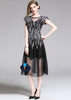 Vestido Evase Midi Preto Tule com Bordado