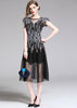 Vestido Evase Midi Preto Tule com Bordado