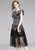 Vestido Evase Midi Preto Tule com Bordado