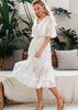 Vestido Midi Branco Renda com Babado na Barra