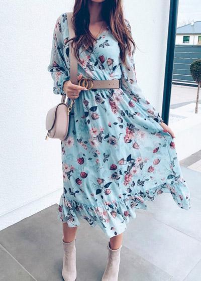 Vestido Midi Floral Casual Manga Longa com Babado