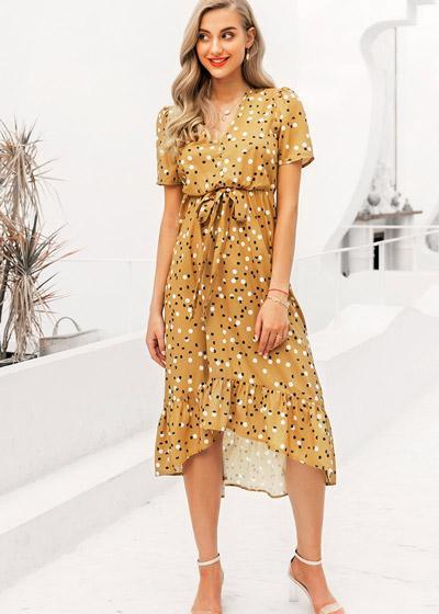 Vestido Midi Evangelico Estampado Amarelo com Babado
