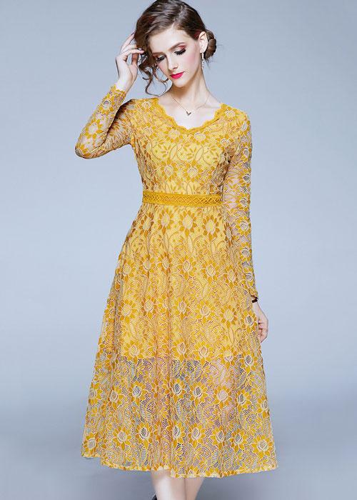 Vestido de Renda Midi Amarelo para Festa