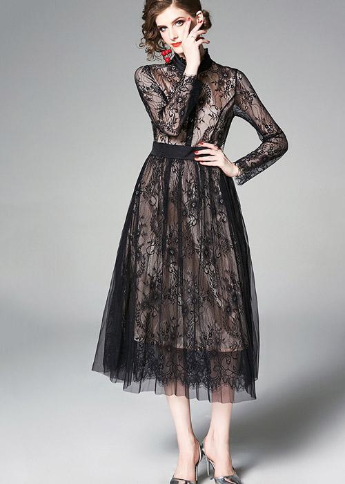 Vestido Midi Tule Rendado Preto