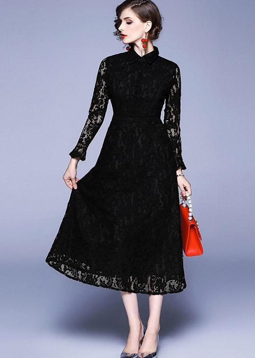 Vestido Midi de Renda Preto Moda Evangélica