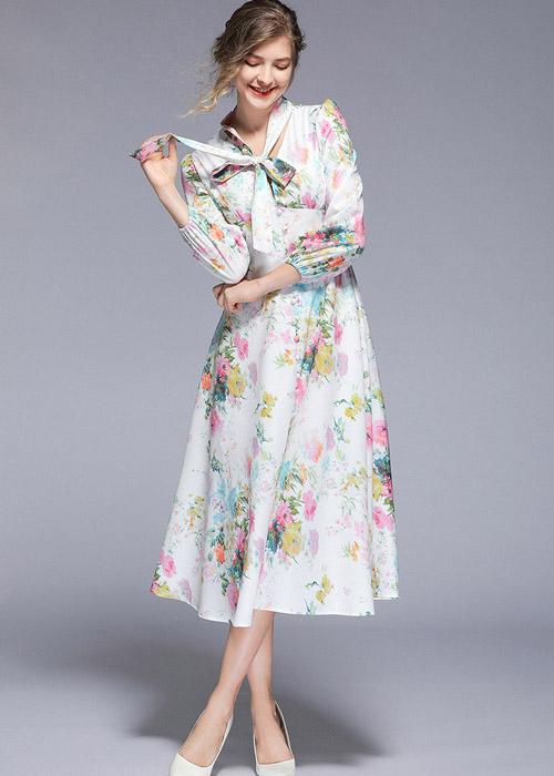 Vestido Midi Floral Gola Laço Moda Evangélica