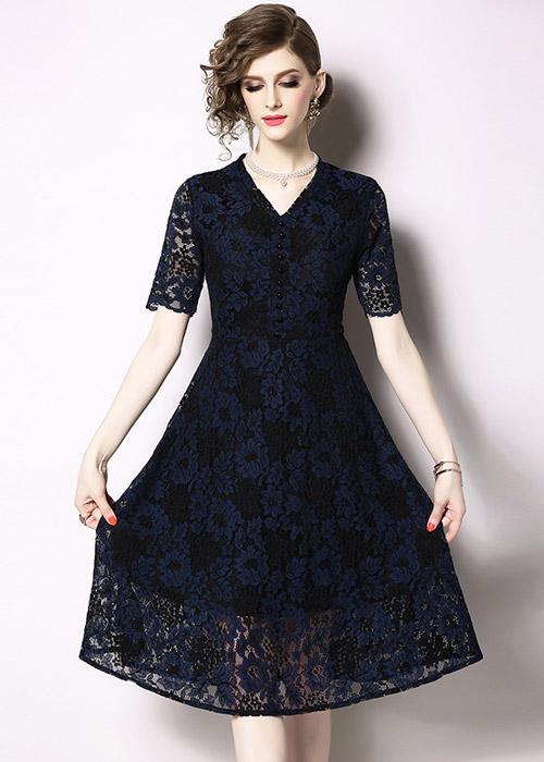 Vestido Midi de Renda Azul Marinho