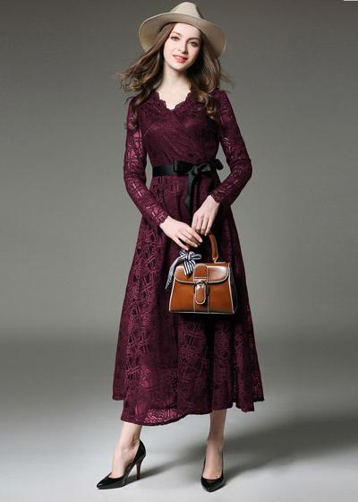 Vestido de Renda Manga Longa Vinho para Festa